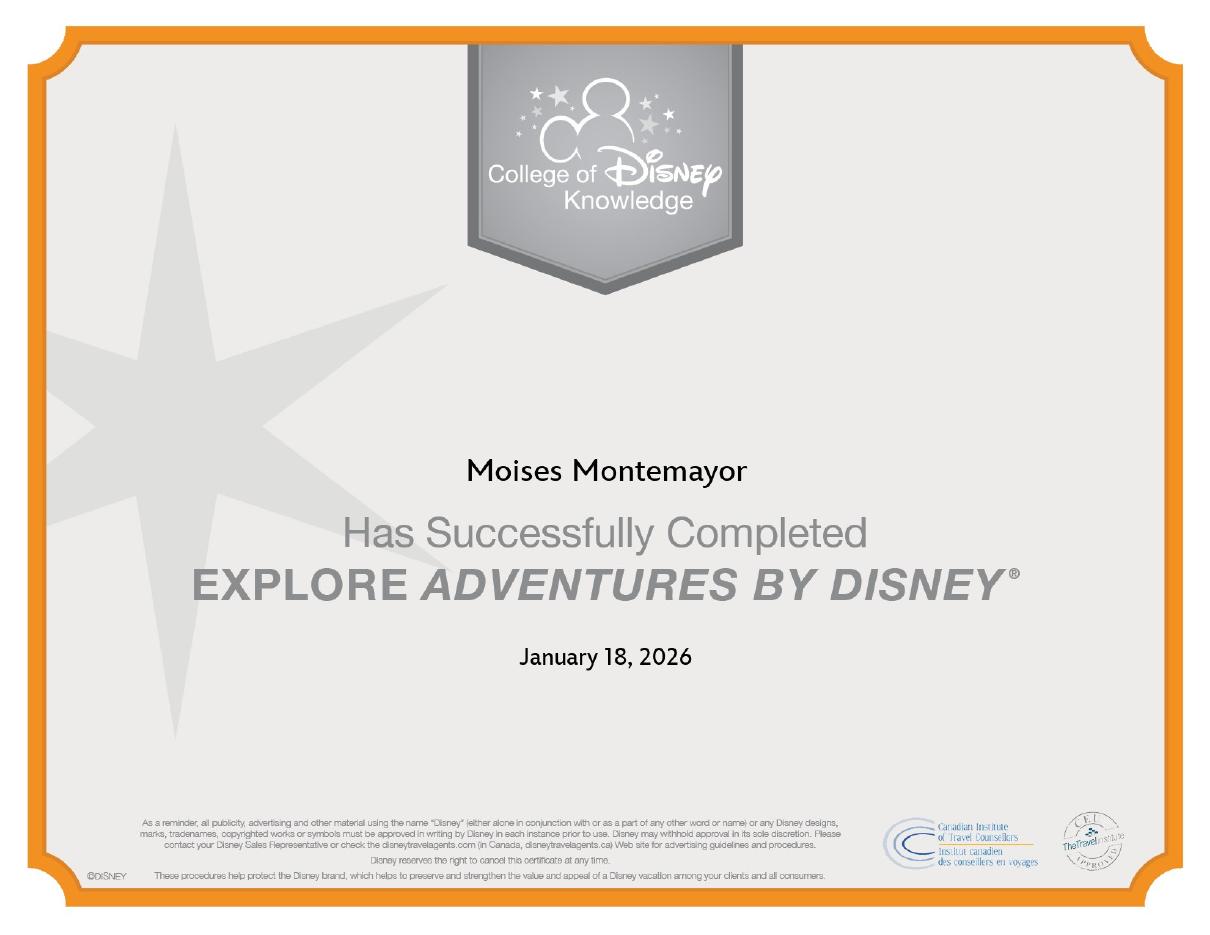 Certificado: Explore Adventures by Disney®